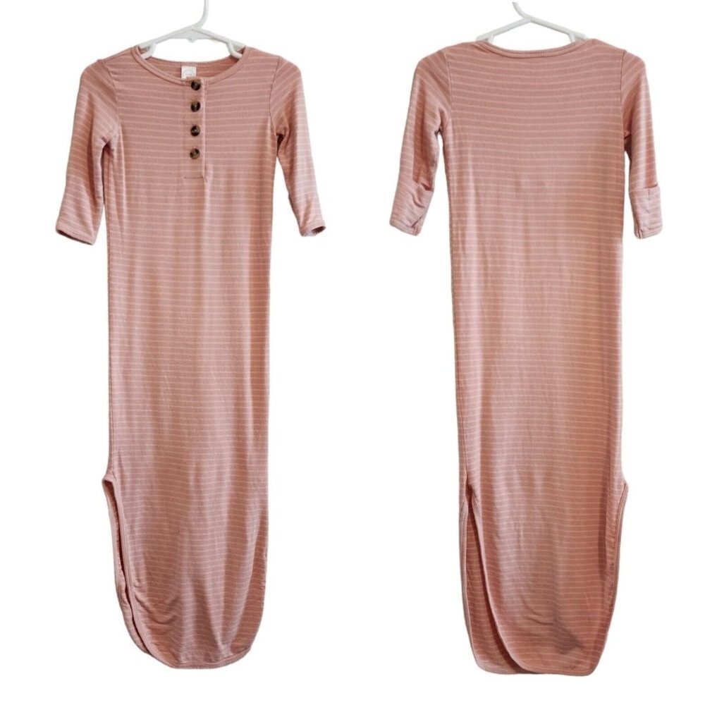 Lou Lou Mabel Striped Pink White Button Down Front Knotted Gown Wrist Cuffs 3-6M